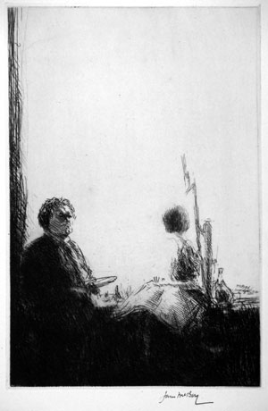 James McBey: Artist and Model. Etching, 1924. A self-portrait looking like Rembrandt.