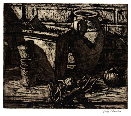 Jeff Clarke at 80 | Exhibition by Elizabeth Harvey-Lee | Pots, shapes and textures. Soft-ground etching with open bite, 2010