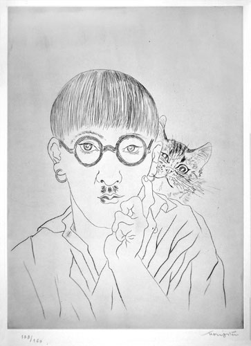 Tsuguharu Foujita, Self-portrait with a cat at his shoulder. This original etching is for sale, priced £7000