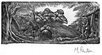 MICHAEL RENTON (Middlesex 1934 – 2001 Winchester). Landscape with a Cottage and two Figures. This wood engraving is for sale: £250