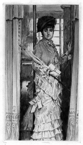 JAMES TISSOT, Nantes 1836 – 1902 Abbey of Bouillon. Portrait of Miss L… (Il faut qu’une porte soit ouverte ou fermée). This original Drypoint is for sale, priced £2000