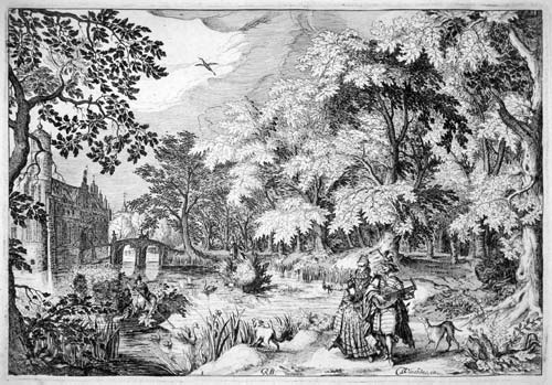 SIMON WYNOUTS FRISIUS, Harlingen c1580 - 1629 The Hague. Landscape with a Castle. This original etching after David Vinckboons is for sale, priced £2000
