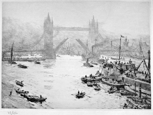 WILLIAM LIONEL WYLLIE R.A., R.E., London 1851 – 1931 London.The Pool of London with Tower Bridge raised. This original drypoint is for sale, price £650