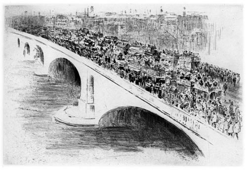 PAUL PAESCHKE, Berlin 1875 – 1943 Berlin. Brücke (Waterloo) Bridge. Original drypoint with rockerwork, c1914.