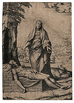 Attributed to MARCANTONIO RAIMONDI or Circle of RAIMONDI, (Argini? 1470/82 – 1527/34 Bologna).  Pièta, with the bare Arm. Engraving, unsigned, after a Raphael drawing, c1515-20.