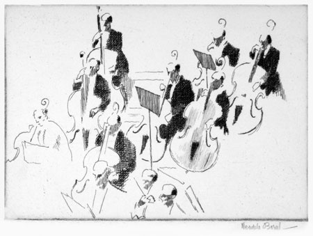 Wendela Boreel (1895–1985): Bass Section of the Queen’s Hall Orchestra. Etching, c1924. (127 x 177 mm)