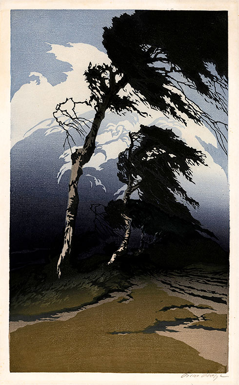 PAUL OSCAR DROEGE, Hamburg 1898 – 1983 Hamburg. Birches in a Storm. 397 x 240 mm. Original colour woodcut. 
