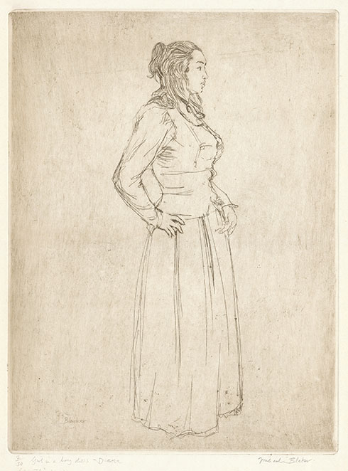MICHAEL BLAKER R.E., Hove 1928 – 2018 Ramsgate. Girl in a long dress – Diana (Ida John’s dress). Original etching, 1971-73. This print is for sale
