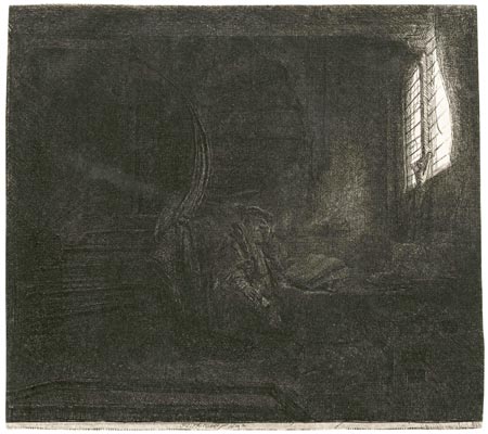 REMBRANDT HARMENSZ. VAN RIJN, Leiden 1606 – 1669 Amsterdam. St Jerome in a Dark Chamber. Original etching, 1642. This print is for sale, priced £2800