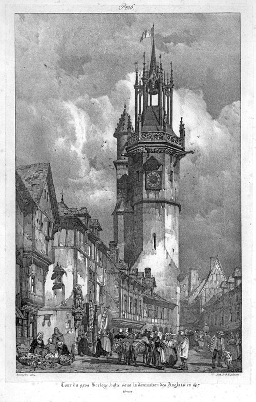 R.P. Bonington. Tour de Gros Horloge, Evreux. Original lithograph, 1824