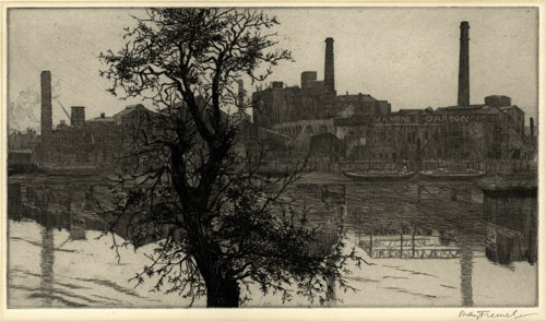 MAY TREMEL, Bradford 1882 – 1963 Tonbridge. Early morning on the Thames, Hammersmith. 177 x 313 mm, Original etching, 1929. 