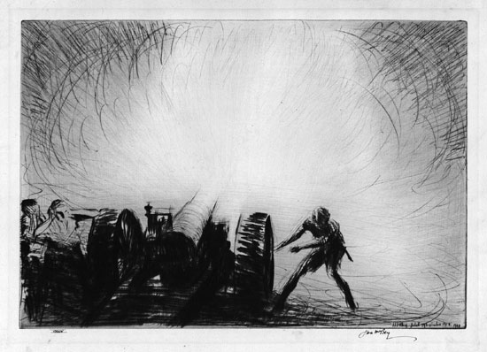 James McBey: Zero. A sixty-five pounder opening fire, Jelil, Sep.19, 1918. Drypoint