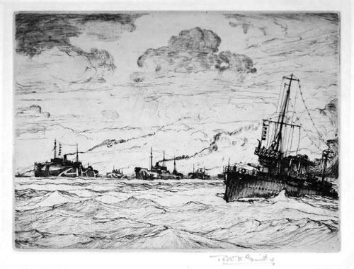 Robert Henry Smith: Dazzle ships in convoy, escorted by a destroyer. Etching