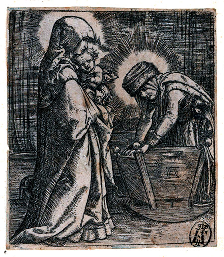 ALBRECHT ALTDORFER, Amberg ? c.1482/85 – 1538 Regensberg.Madonna and Child with St Anne at the Cradle. Original engraving.