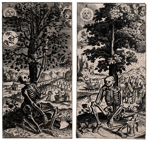 Two late 16th century Northern Engravings. Death checking the time and Death resting.