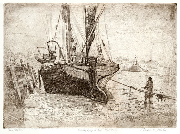 The Works of Michael Blaker | Exhibition by Elizabeth Harvey-Lee | Sailing Barge at low ride, Medway