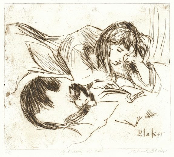 The Works of Michael Blaker | Exhibition by Elizabeth Harvey-Lee |  Girl reading and Cat
