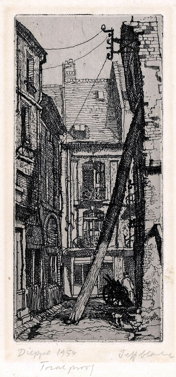 Jeff Clarke at 80 | Exhibition by Elizabeth Harvey-Lee | Rue Pequet, Dieppe, 163 x 74 mm, Etching, 1954. A trial proof.