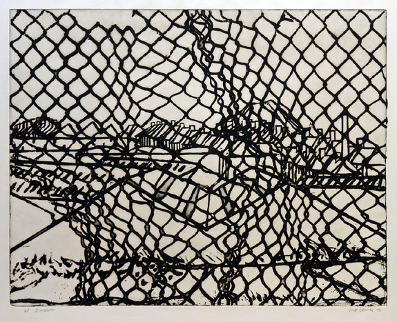 Jeff Clarke at 80 | Exhibition by Elizabeth Harvey-Lee | Burslem (seen through wire netting), 495 x 616 mm, Sugar lift etching, 1970.