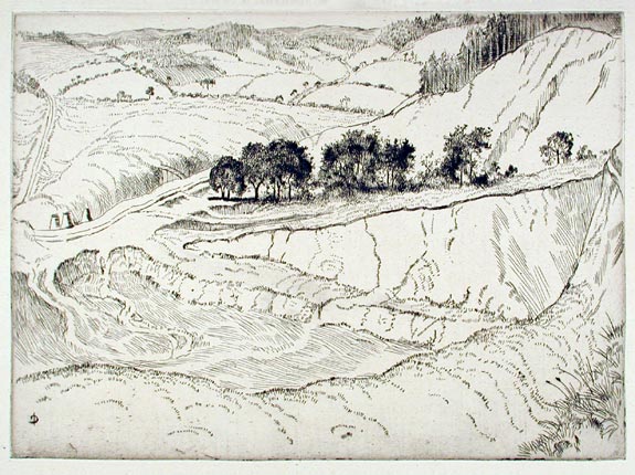Isabel Codrington, Swimbridge, Devon 1874 – 1943 Minehead, Somerset. Chalk Pits from above. Original etching, c1930.