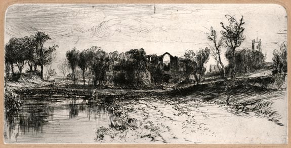 The Norwich School of Artists. Edward Thomas Daniell, London 1804 – 1842 Antalya, Turkey. Castle Acre - Norfolk. Original etching and drypoint, c1832-33. 