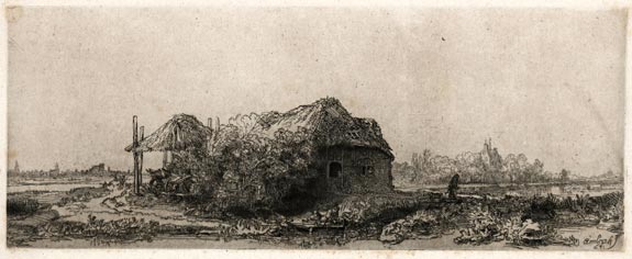The Norwich School of Artists. Cecilia Lucy Brightwell. Thorpe St Andrew, near Norwich 1811 – 1875 Norwich. Landscape with a Cottage and Haybarn. Original etching.