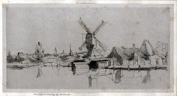 The Norwich School of Artists. Cecilia Lucy Brightwell. Thorpe St Andrew, near Norwich 1811 – 1875 Norwich. Canal scene with a Windmill and Cottages. Original etching.
