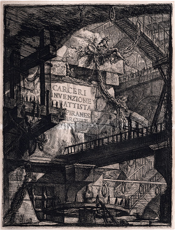 Gianbattista Piranesi, Mozano di Mestre, Venice 1720 – 1778 Rome. Title plate to Carceri d’Invenzione di G. Battista Piranesi Archit. Vene. Original etching, c1745-65.