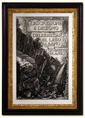 Gianbattista Piranesi, Mozano di Mestre, Venice 1720 – 1778 Rome. Title page to Descrizione e disegno dell’ Emissario del Lago Albano di Gio Batista Piranesi. Original etching, 1762.
