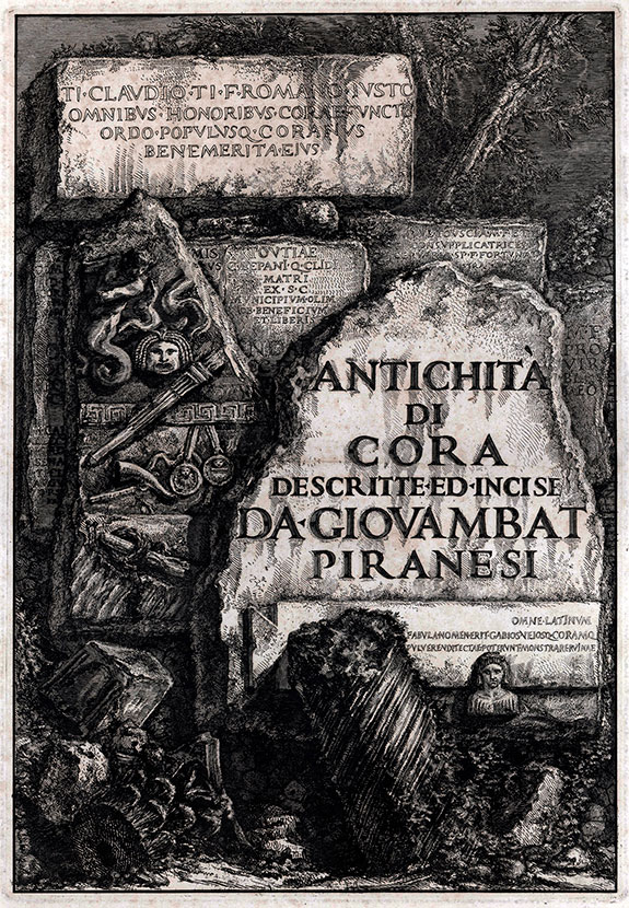 Gianbattista Piranesi, Mozano di Mestre, Venice 1720 – 1778 Rome. Title to Antichità di Cora Descritte ed Incise da Giovambat Piranesi. Original etching, 1764.