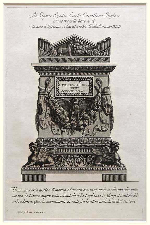 Gianbattista Piranesi, Mozano di Mestre, Venice 1720 – 1778 Rome. Cinerary Urn ornamented with an Owl. Original etching.