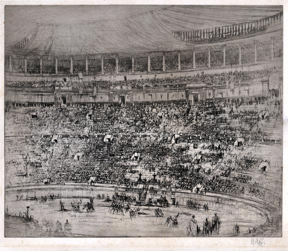 A Performance in the Colosseum in the days of the Ancient Romans | William Walcot | Original etching with drypoint and aquatint, 1916 | Elizabeth harvey-Lee | E H-L 73