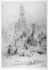 Downtown Manhatten from the East River, with a distant view of the Woolworth Building. Etching and aquatint, 1924