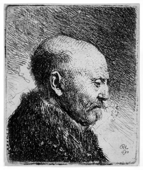 Rembrandt Harmensz. Van Rijn. Bald-headed man in profile to the right. 1630. This etching is Sold
