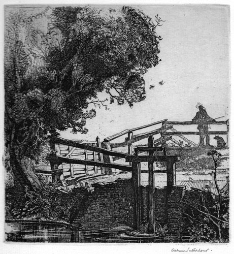 Graham Sutherland, The Sluice gate, c1924. This mezzotint is for sale.