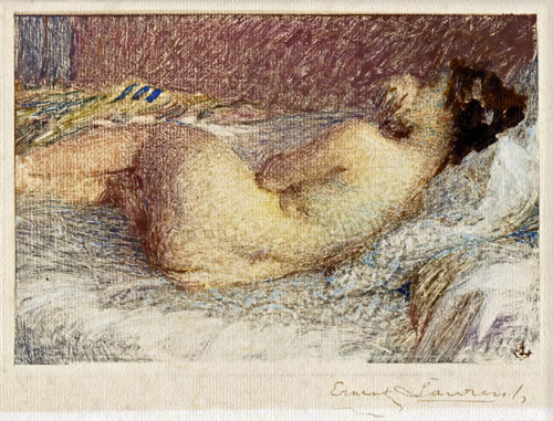 ERNEST LAURENT, Paris 1859 – 1929. Reclining Nude. This colour monotype is for sale, priced £3000