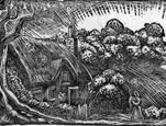 MICHAEL RENTON (Middlesex 1934 – 2001 Winchester). Landscape with a Cottage and two Figures. This wood engraving is for sale: £250
