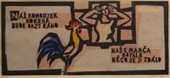 JAROSLAW KOSAS.The crowing Cockerel waking Manca.Tnis original colour woodcut is for sale, price £200