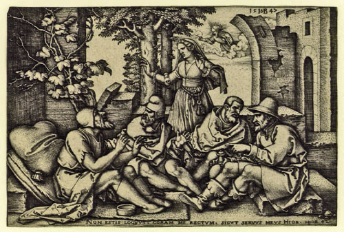 SEBALD BEHAM, Nuremberg 1500 – 1550 Frankfurt. Job in conversation with his Friends, 1547. This original engraving is for sale, priced £1500