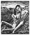 DOROTHEA MAETZEL-JOHANNSEN, Lensahn 1886 – 1930 Hamburg. Lovers by a Lake, and a figure beyond. This original linocut is for sale, price £1750.