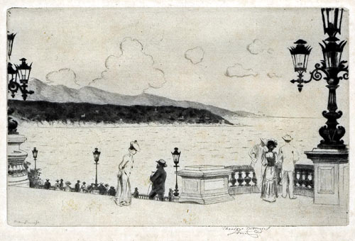 THEODORE ROUSSEL, Lorient, Brittany 1847 – 1926 St Leonards-on-Sea. The Terrace, Monte Carlo, End of the Afternoon, April 1905. This original drypoint, 1905-06, is for sale, priced £600
