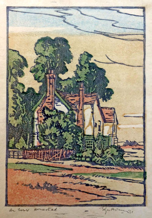 EDGAR HOLLOWAY, Mexborough, near Doncaster 1914 – 2008 Ditchling. An Essex Homestead. This original colour linocut, 1931
