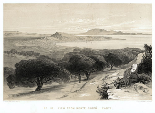 EDWARD LEAR, London 1812 – 1888 San Remo. View from Monte Skopó – Zante. Original tinted lithograph, 1863. 