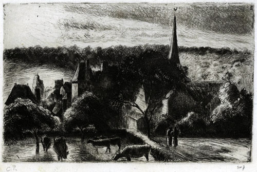 CAMILLE PISSARRO, St Thomas, Danish Antilles 1830 – 1903 Paris. Eglise et Ferme d’Eragny. Original etching, c1890. 