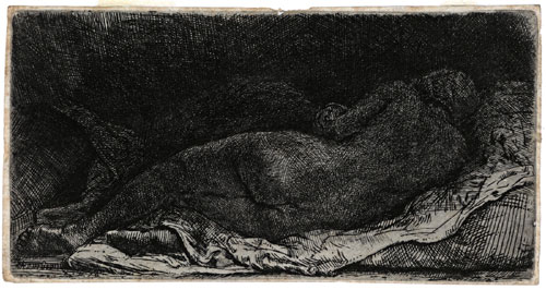REMBRANDT HARMENSZ VAN RIJN, Leyden 1606 – 1669 Amsterdam. Reclining Nude sleeping. Original etching, 1658. This print  has been sold