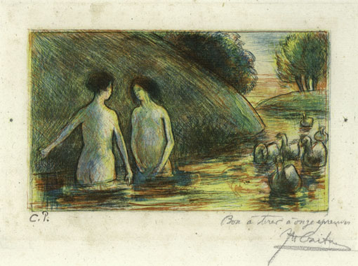 CAMILLE PISSARRO, Danish Antilles 1830 – 1903 Paris, Baigneuses gardeuses d’Oies. Original colour etching, c1895. This print is for sale, priced £7500