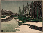 CARL THIEMANN, Karlsbad 1881 – 1966 Herbertshausen. Winter in Amsterdam. Original colour woodcut, 1910. This print has been sold.
