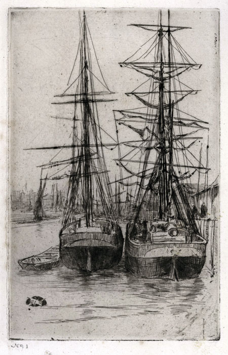 JAMES McNEILL WHISTLER R.A., Lowell, Massachusetts 1834 – 1903 London. The Two Ships. Original etching, 1875. This print is for sale, priced £12000