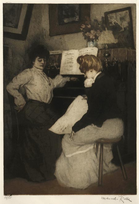 MANUEL ROBBE, Paris 1872 – 1936 Nesles-la-Vallée. Un nouveu Morceau de Musique, A new Piece of Music. Original colour aquatint, 1903. This print is for sale, priced at £1850