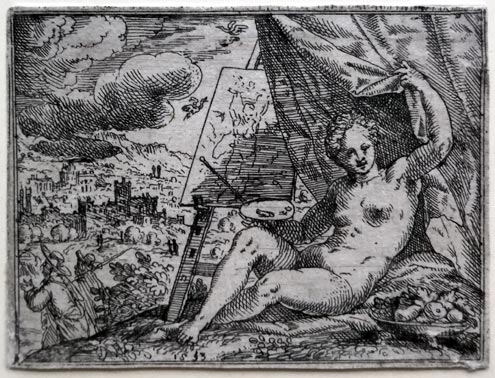 HANS STROHMEYER, fl 1583-1610. An Allegory of Painting. Original etching, 1593.